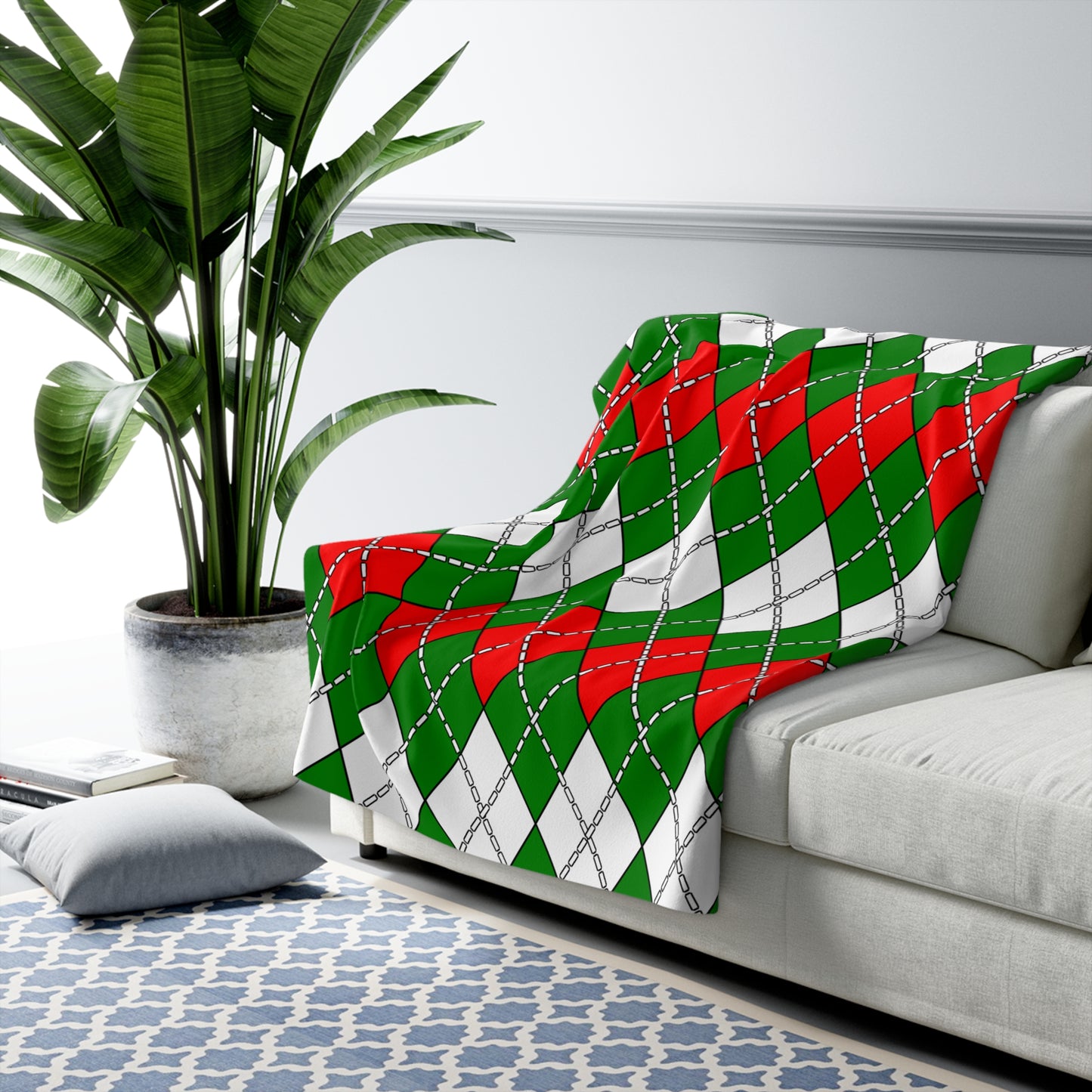 Green, White, Red Retro Argyle Blanket Throw