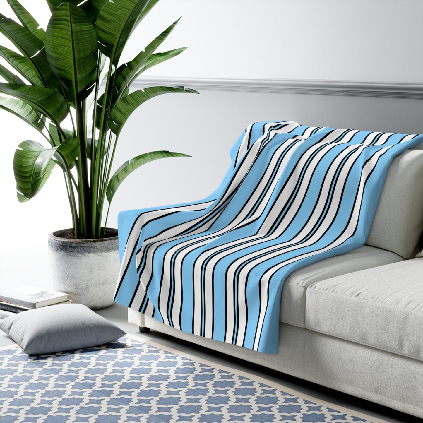 Light Blue, White Retro Stripes Blanket Throw