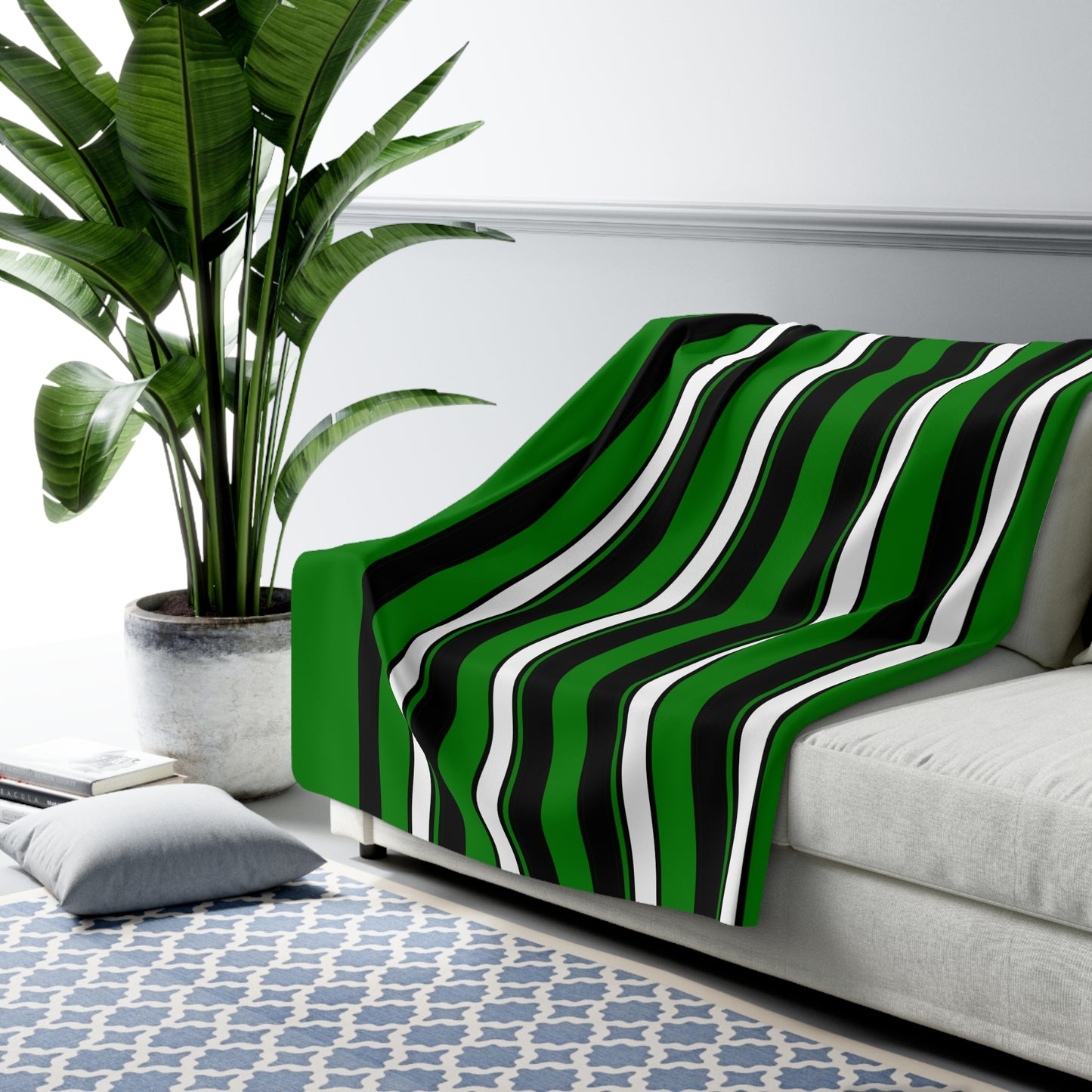 Green, Black, White Retro Stripes Blanket Throw