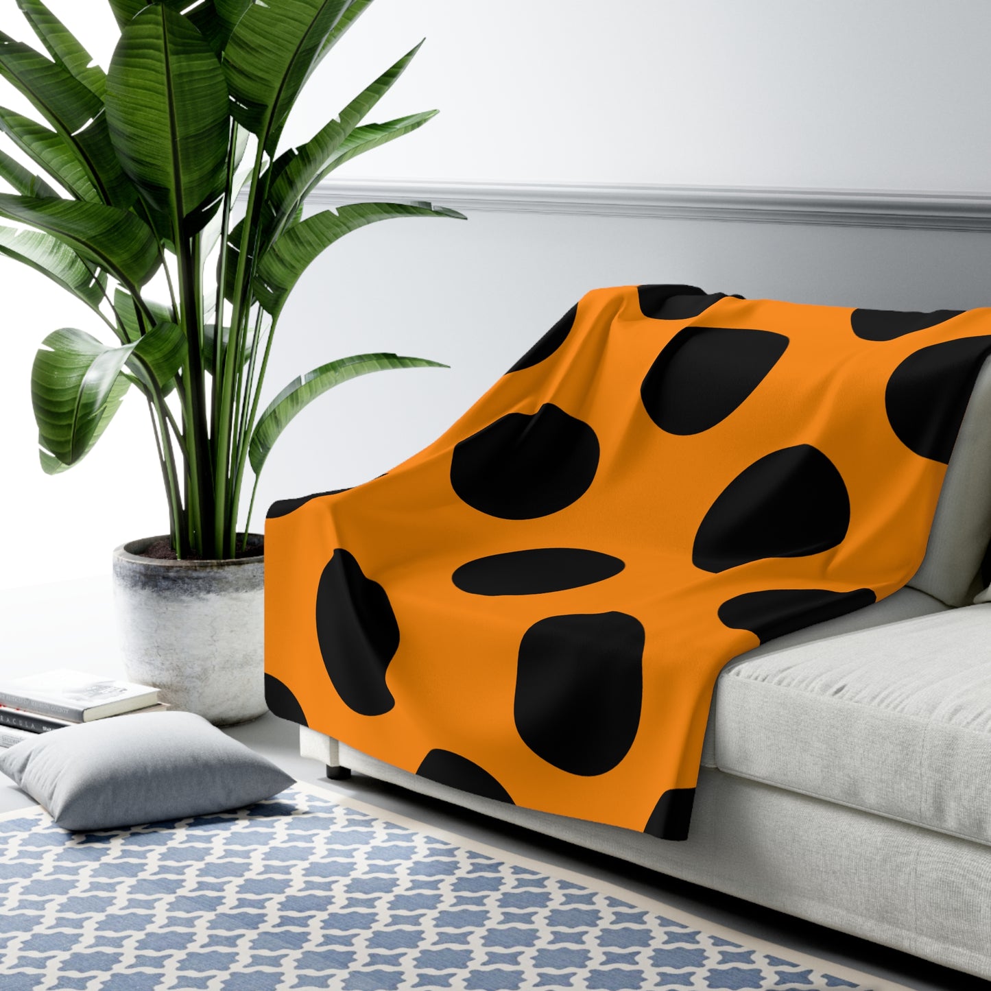 Dark Orange, Black Retro Polka Dots Blanket Throw