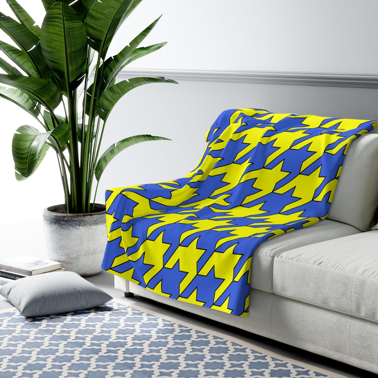 Royal Blue, Yellow Retro Houndstooth Blanket Throw