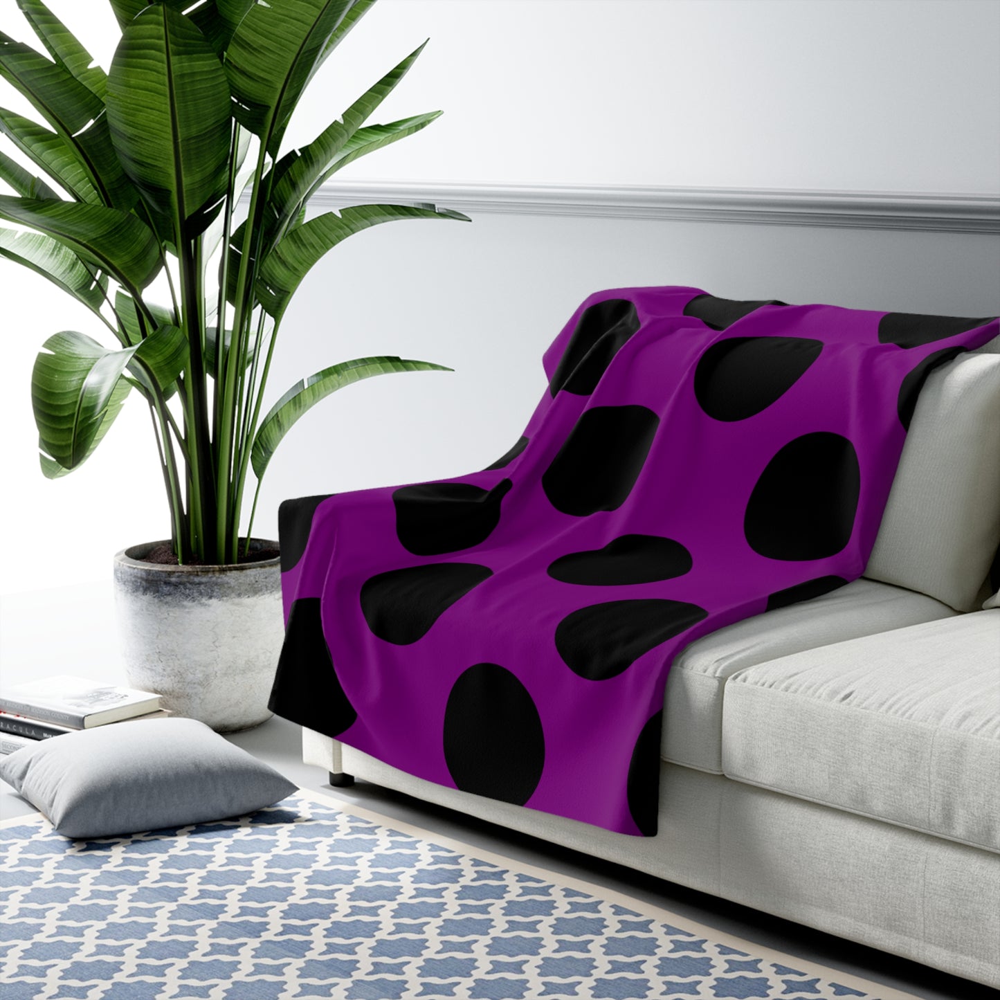 Purple, Black Retro Polka Dots Blanket Throw