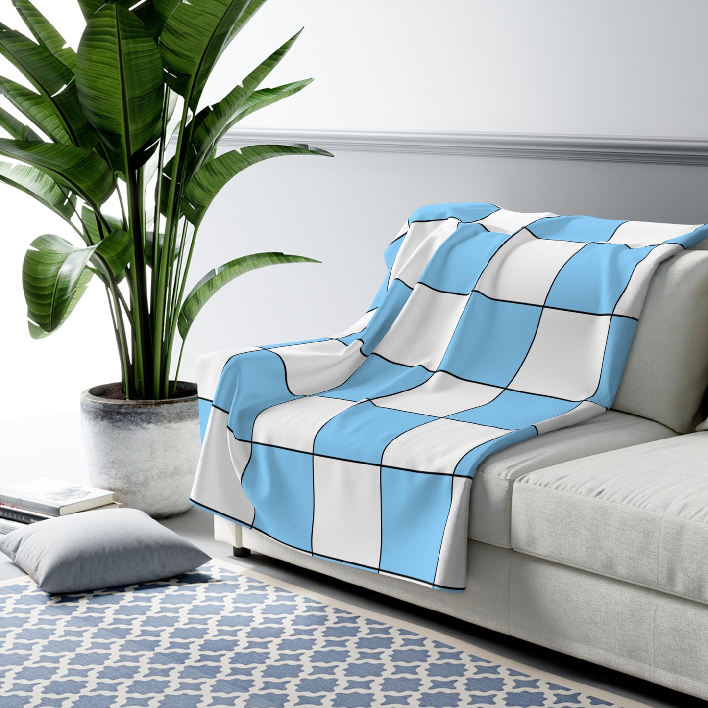 Light Blue, White Retro Check Blanket Throw