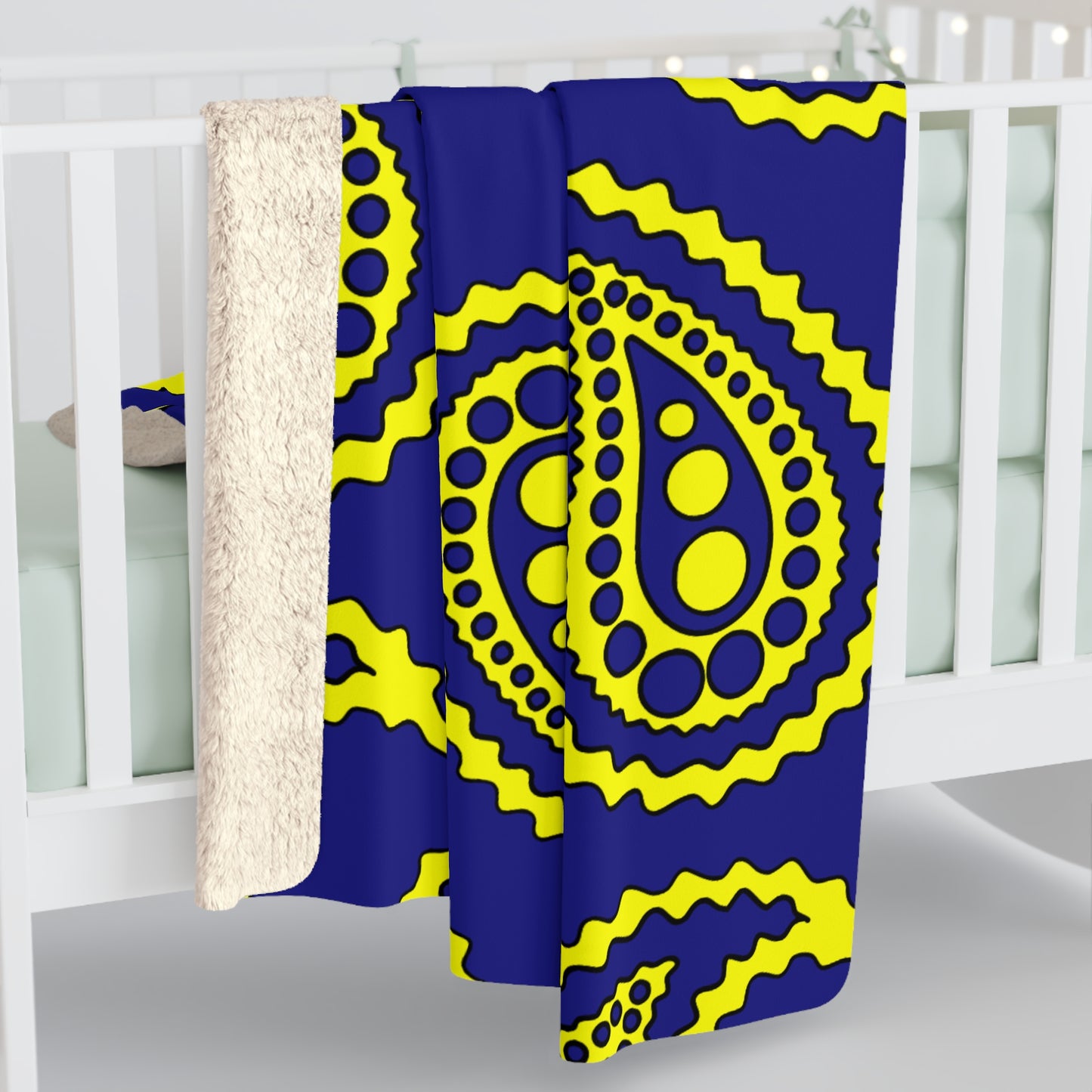 Navy Blue, Yellow Retro Paisley Blanket Throw