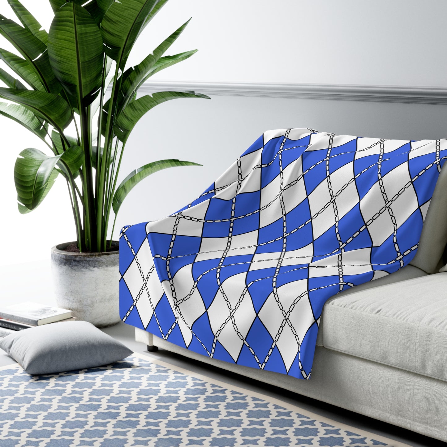 Royal Blue, White Retro Argyle Blanket Throw