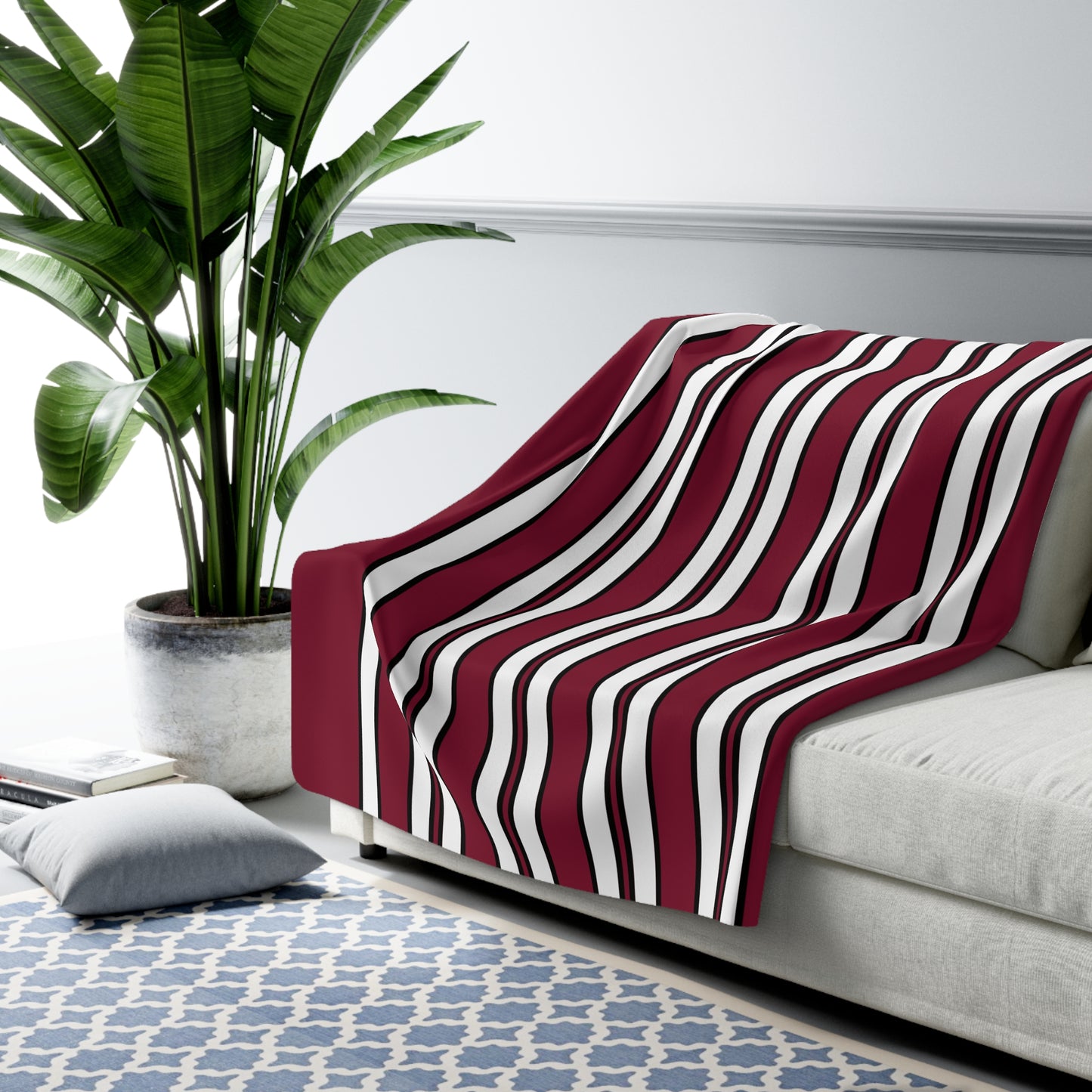Claret, White Retro Stripes Blanket Throw