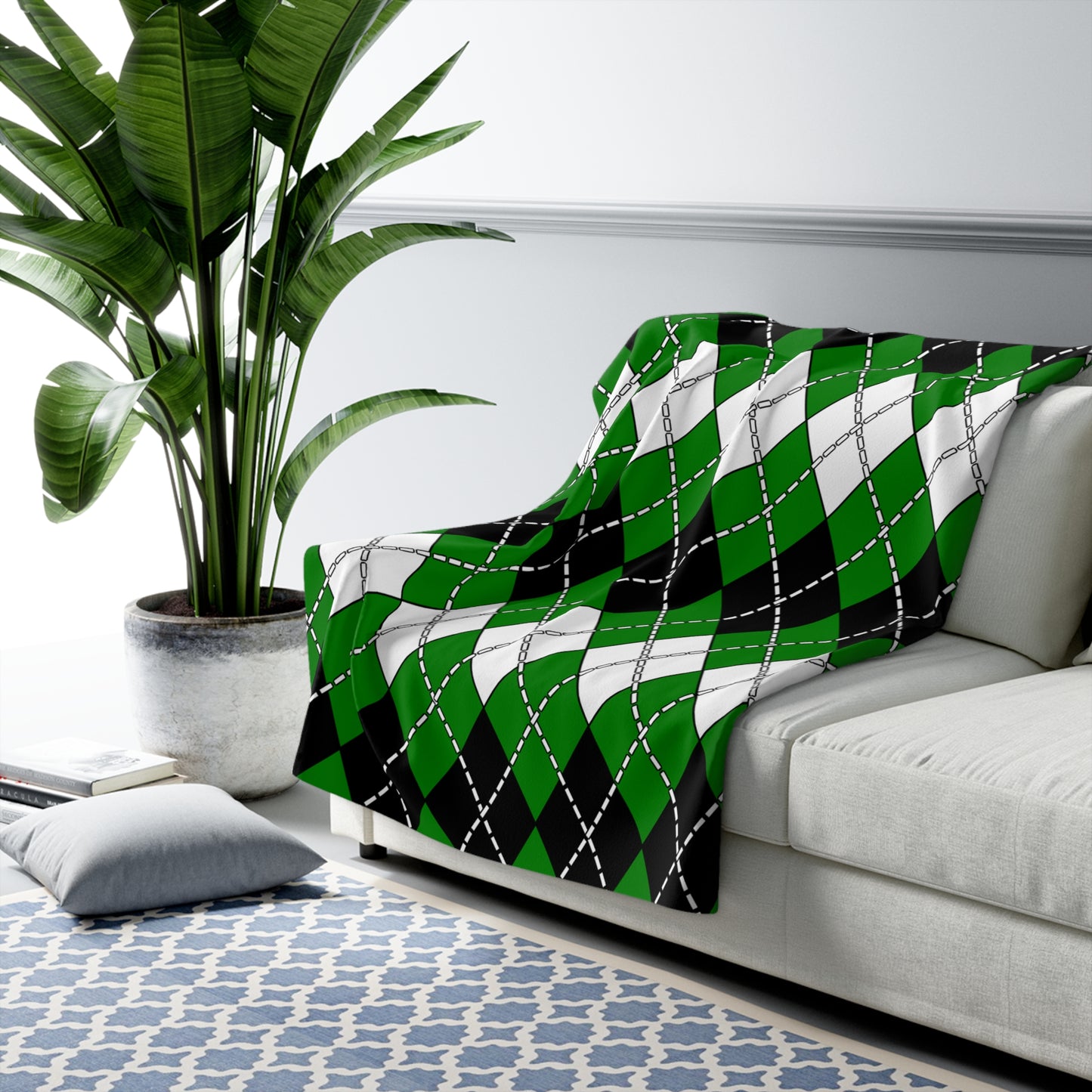 Green, Black, White Retro Argyle Blanket Throw