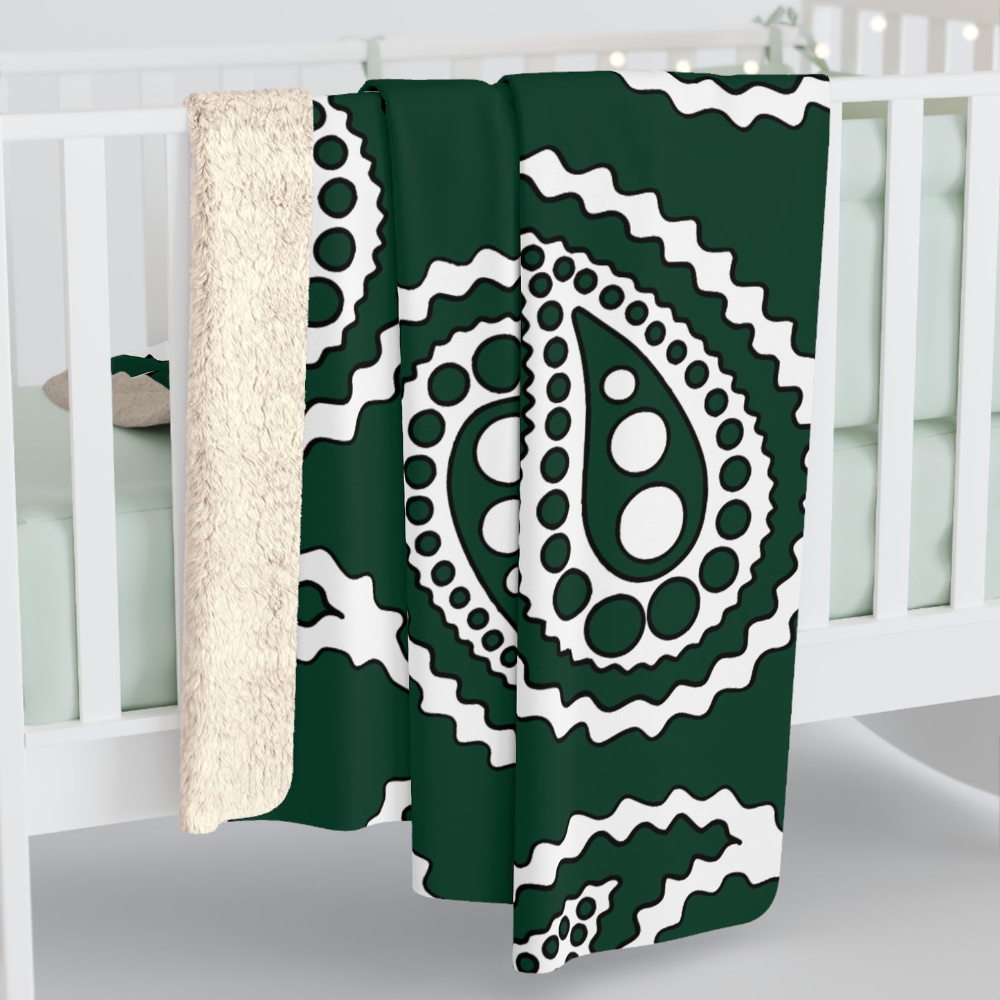Dark Green, White Retro Paisley Blanket Throw