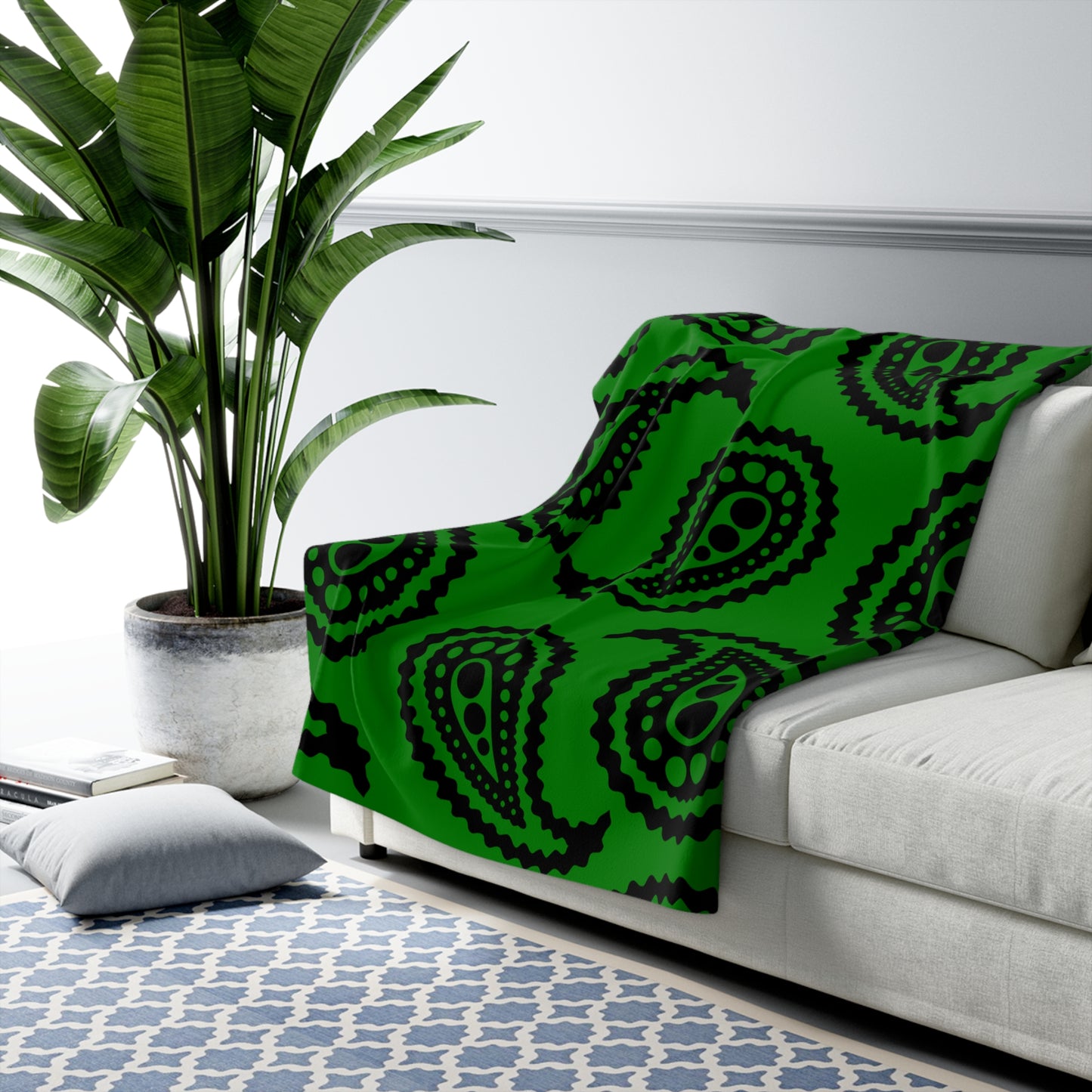 Green, Black Retro Paisley Blanket Throw