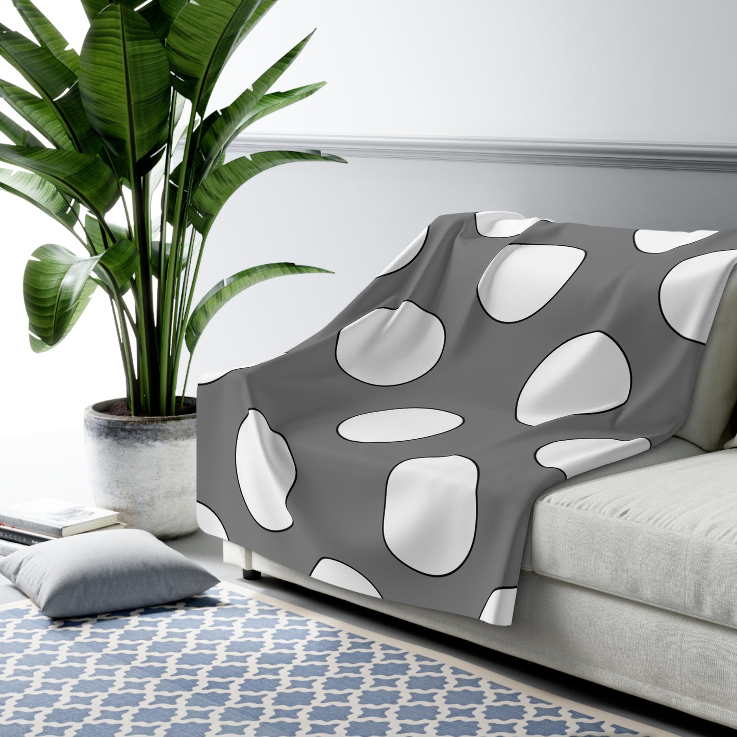 Grey, White Retro Polka Dots Blanket Throw