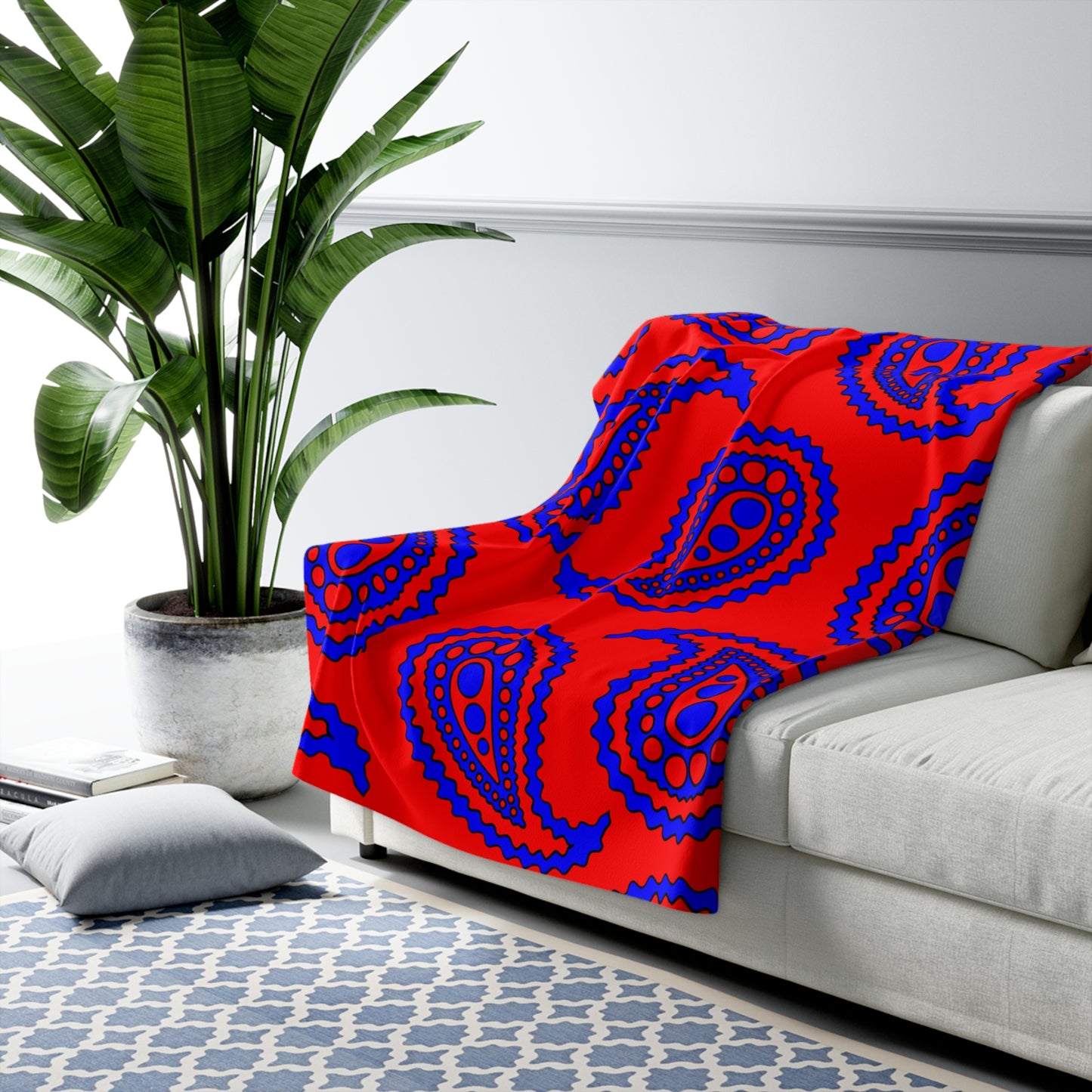 Red, Blue Retro Paisley Blanket Throw