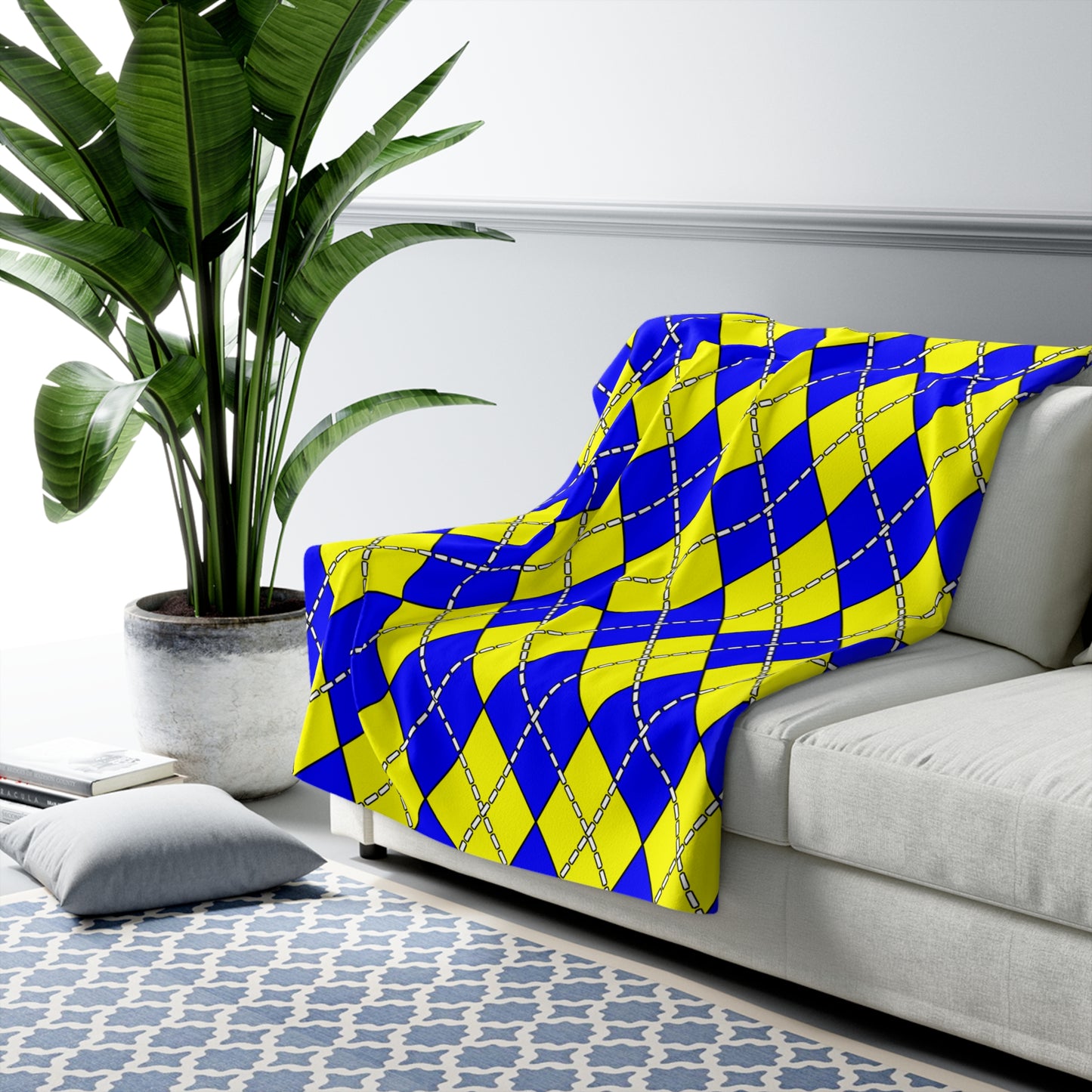 Blue, Yellow Retro Argyle Blanket Throw