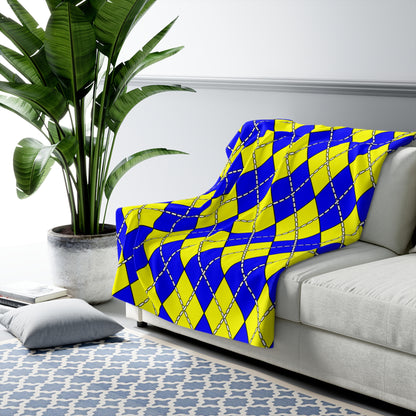 Blue, Yellow Retro Argyle Blanket Throw