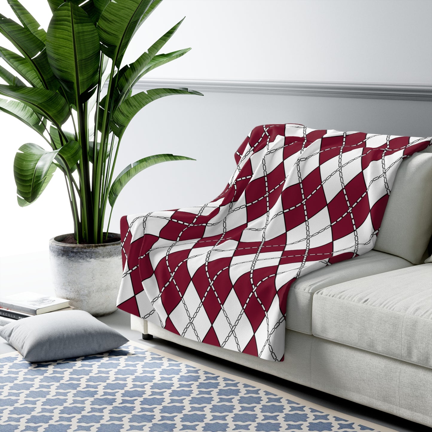 Claret, White Retro Argyle Blanket Throw