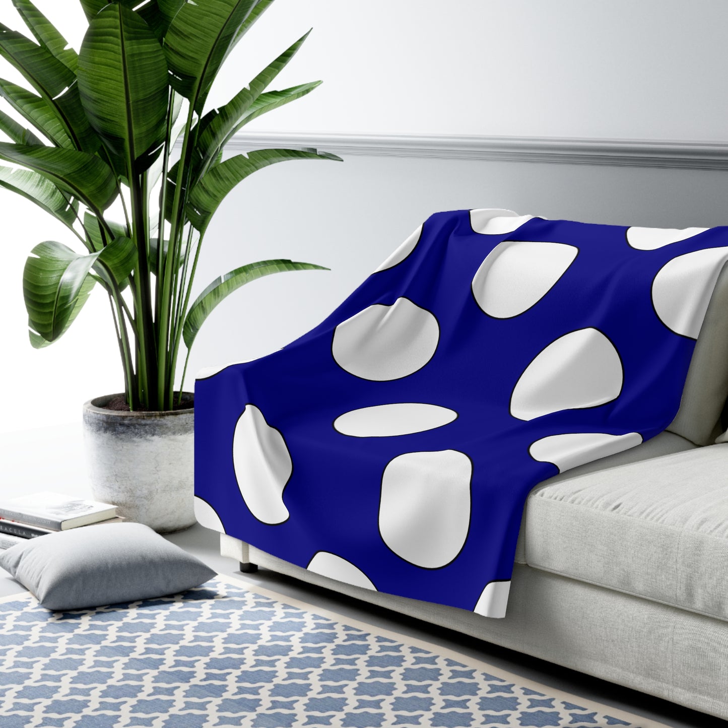 Dark Blue, White Retro Polka Dots Blanket Throw