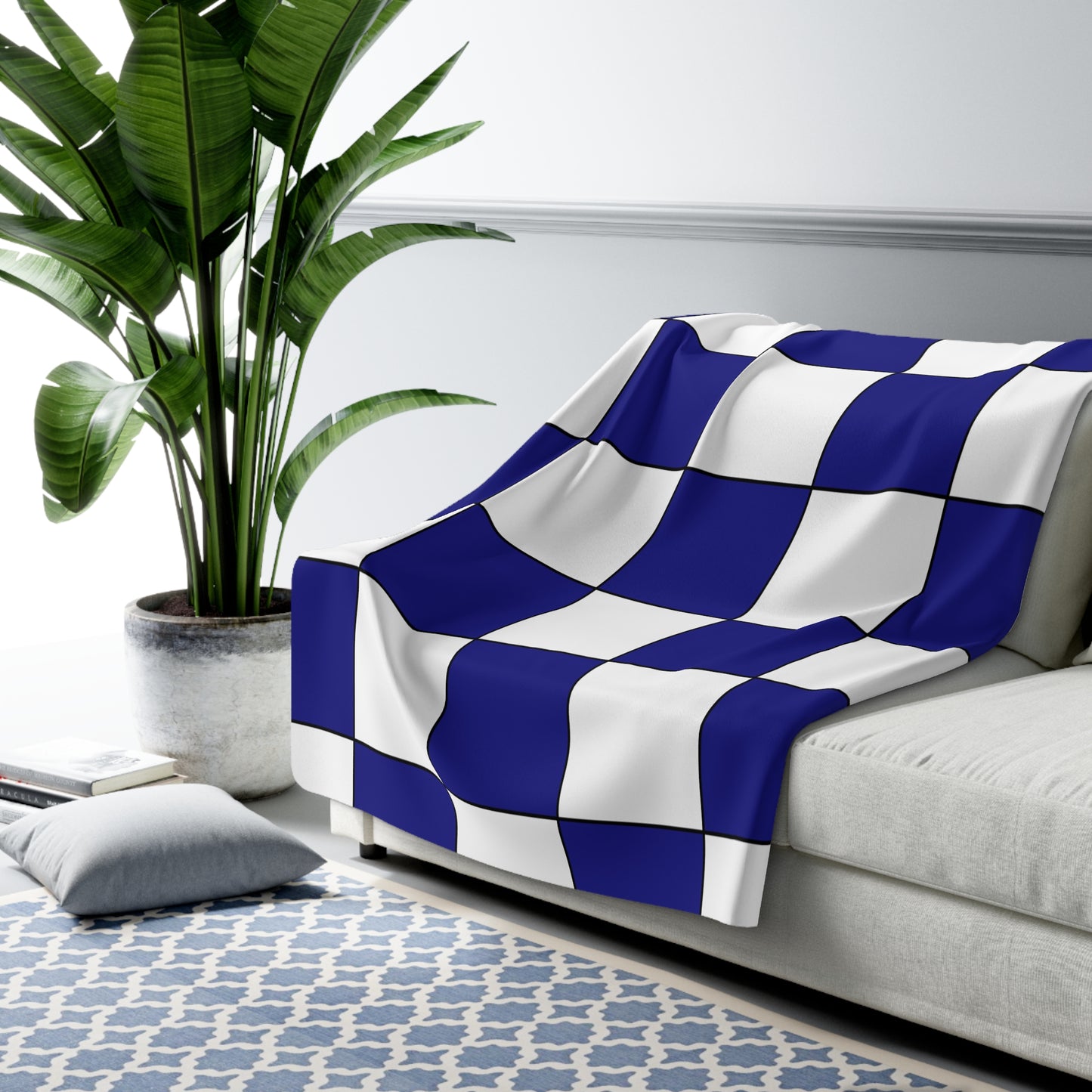 Navy Blue, White Retro Check Blanket Throw