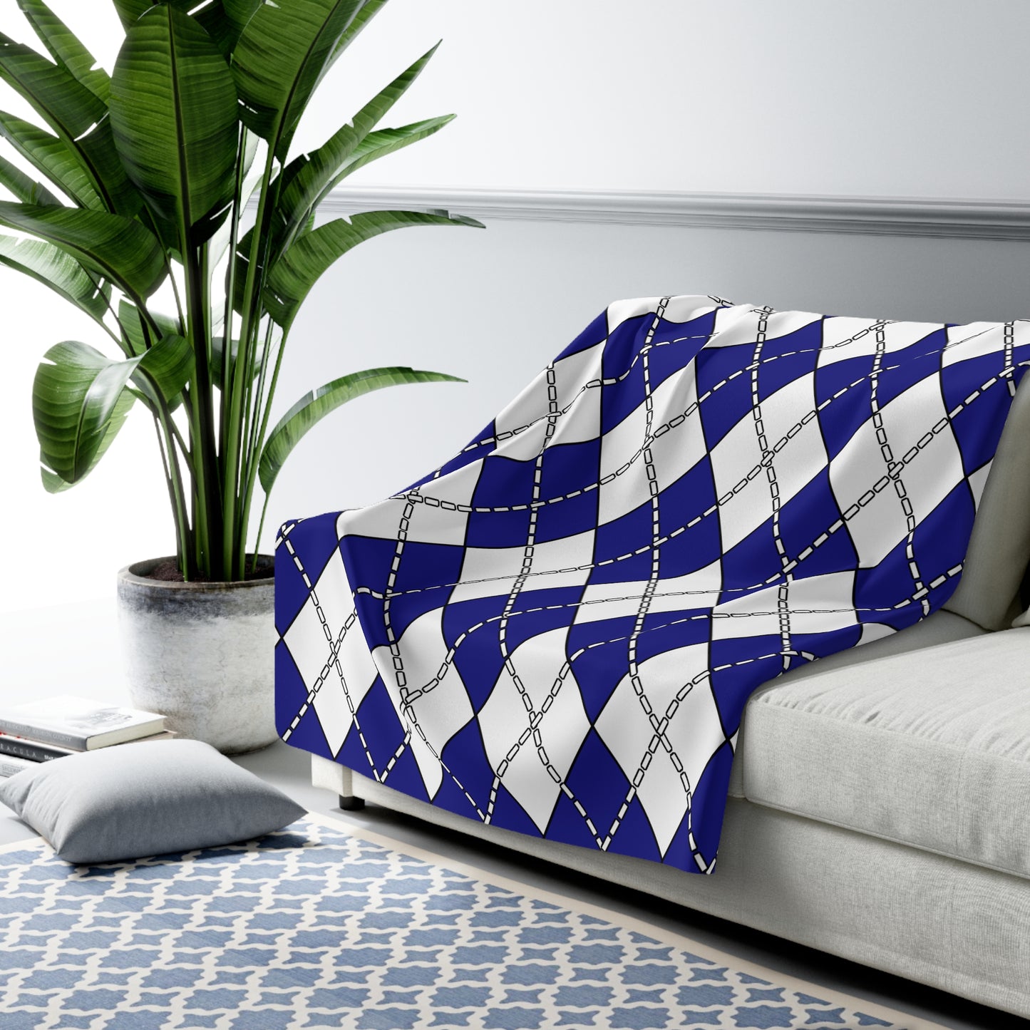Navy Blue, White Retro Argyle Blanket Throw