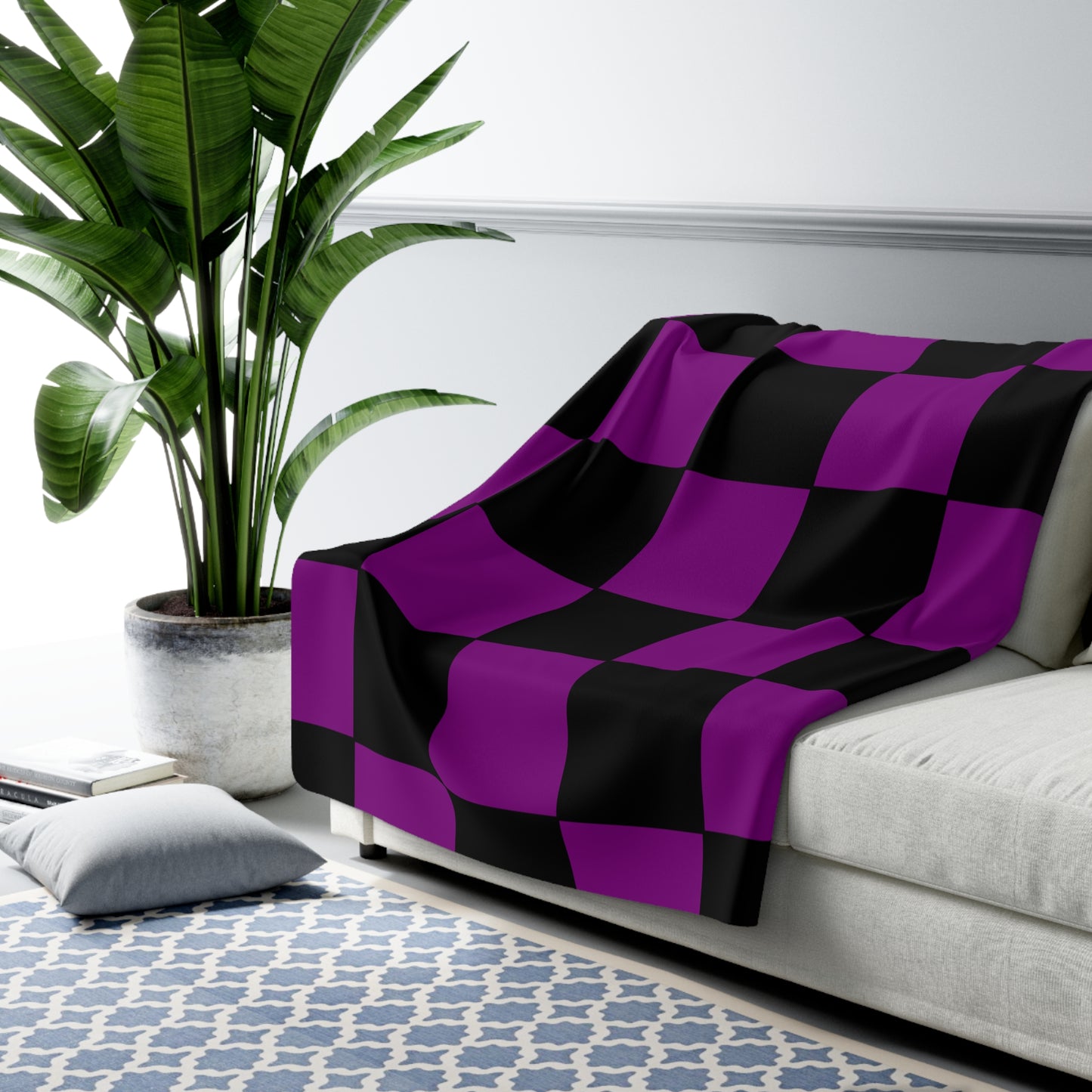 Purple, Black Retro Check Blanket Throw