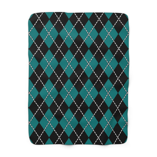Teal, Black Retro Argyle Blanket Throw