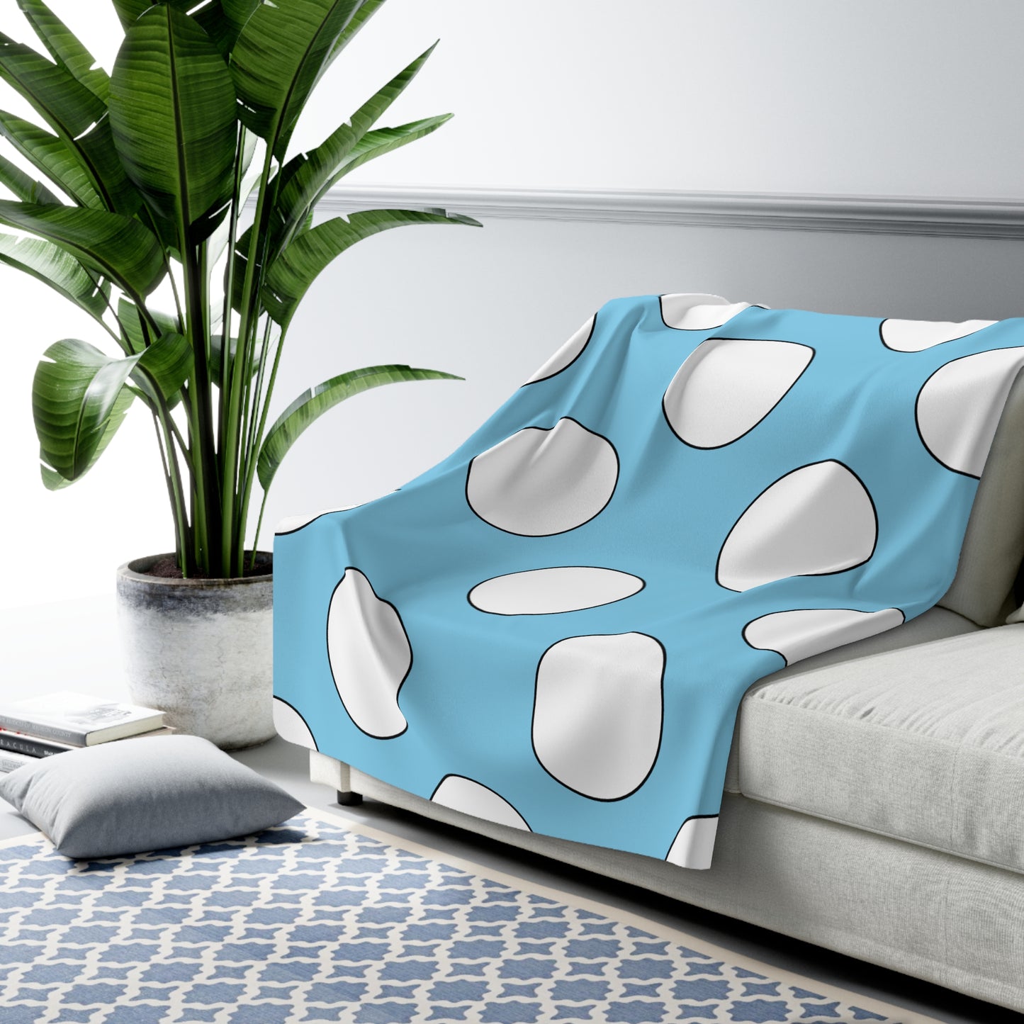 Sky Blue, White Retro Polka Dots Blanket Throw