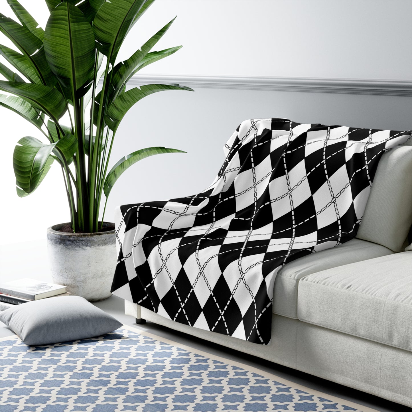 White, Black Retro Argyle Blanket Throw