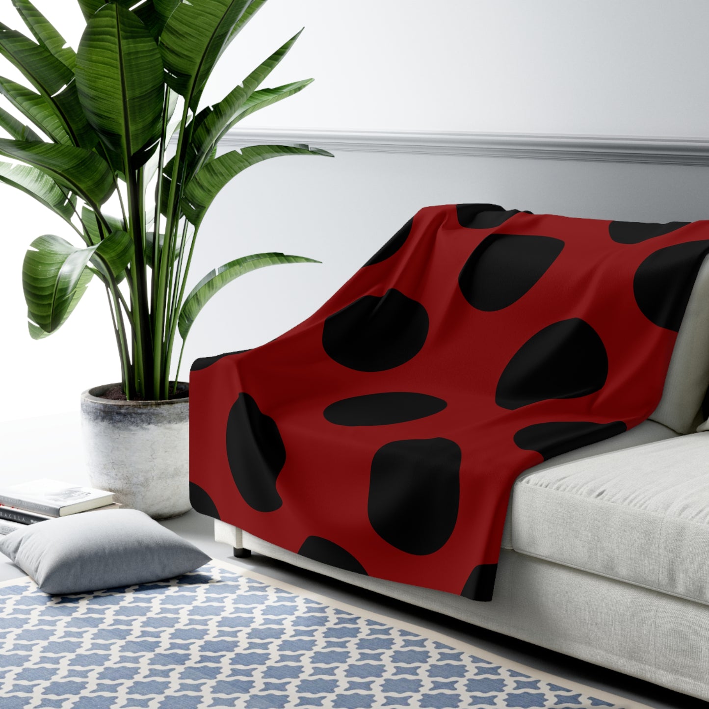 Dark Red, Black Retro Polka Dots Blanket Throw