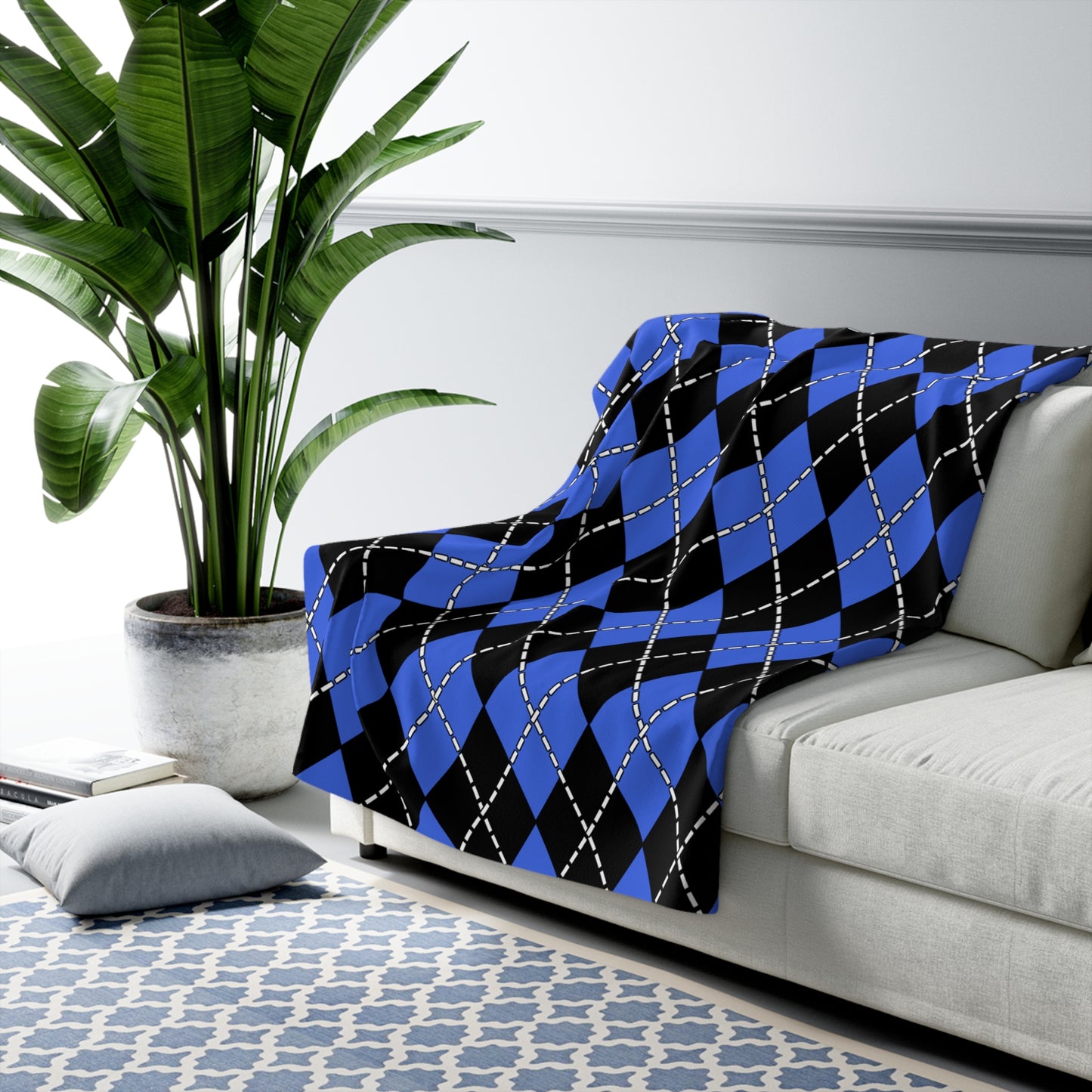 Royal Blue, Black Retro Argyle Blanket Throw