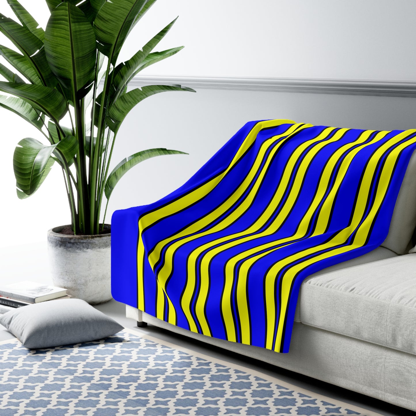 Blue, Yellow Retro Stripes Blanket Throw