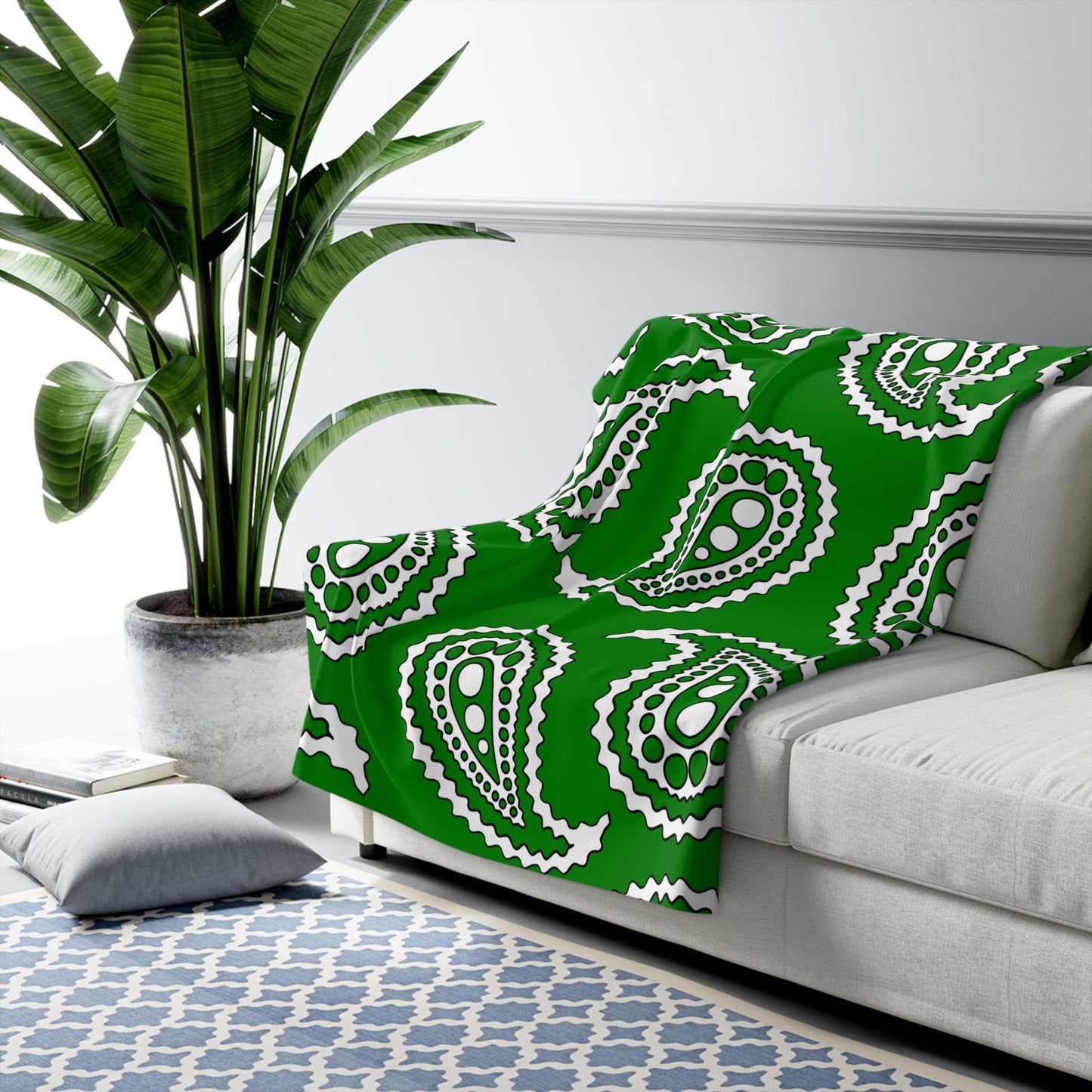 Green, White Retro Paisley Blanket Throw