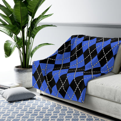 Royal Blue, Black Retro Argyle Blanket Throw