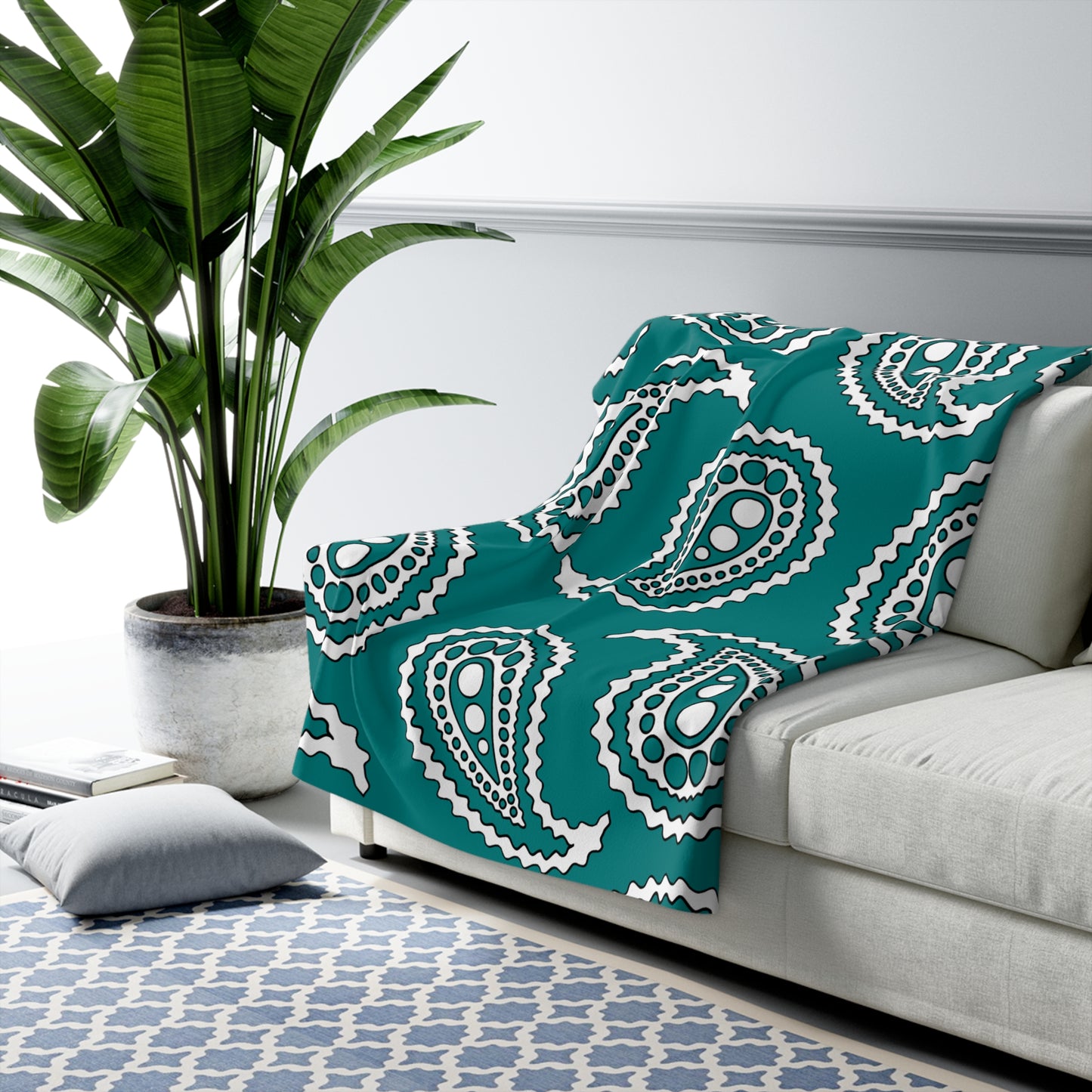 Teal, White Retro Paisley Blanket Throw