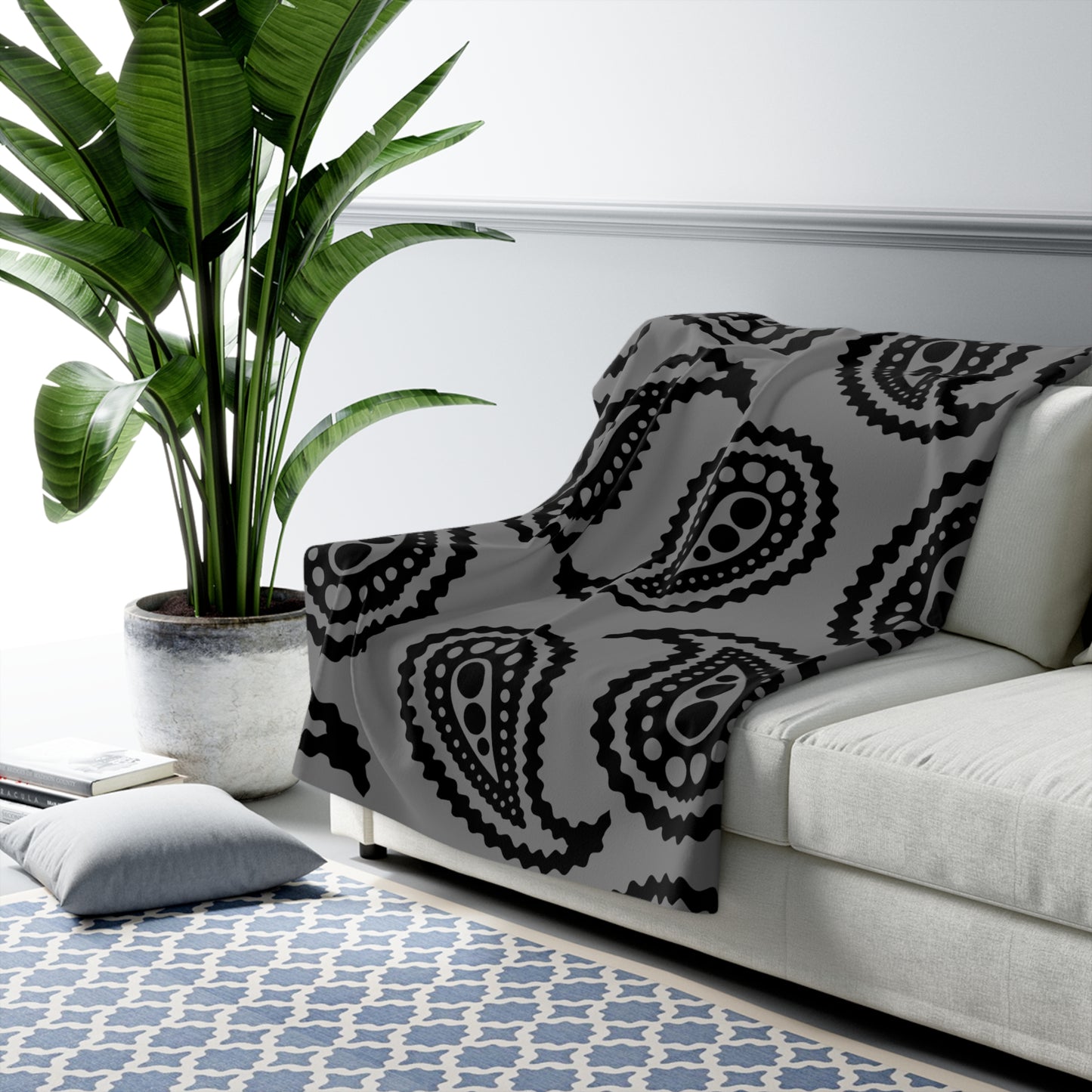 Grey, Black Retro Paisley Blanket Throw