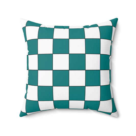 Teal, White Retro Check Cushion Pillow