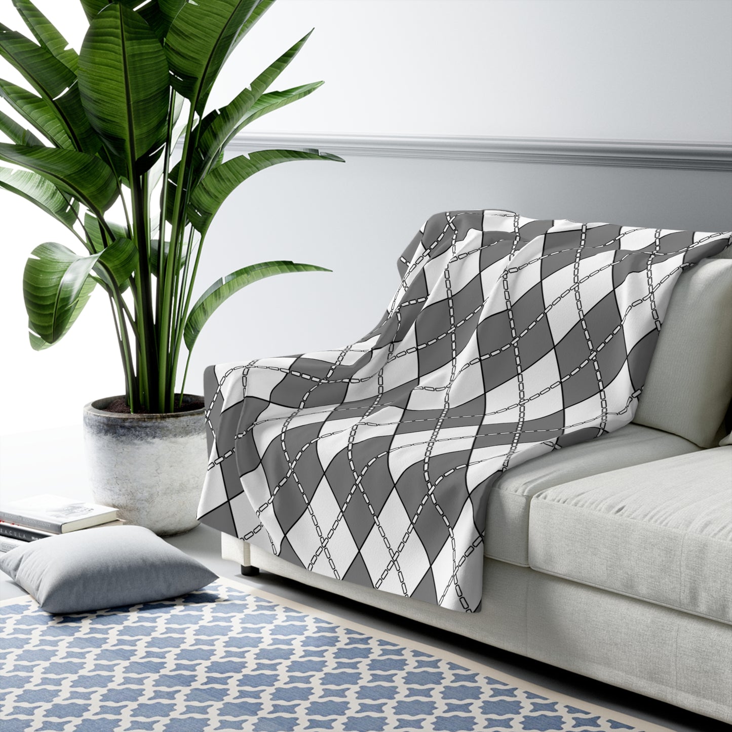 Grey, White Retro Argyle Blanket Throw