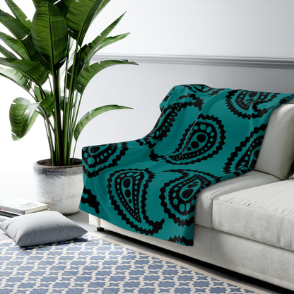 Teal, Black Retro Paisley Blanket Throw