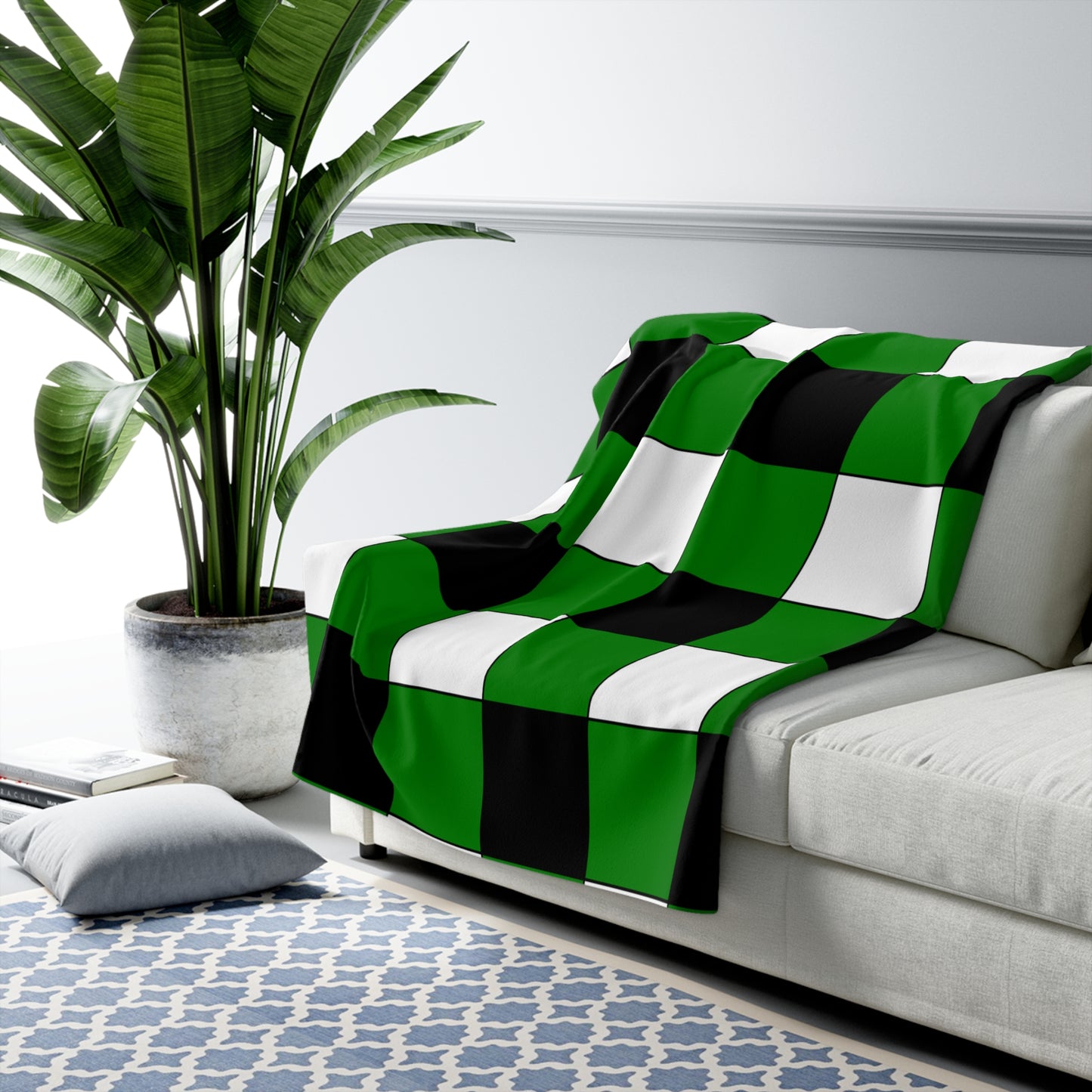 Green, Black, White Retro Check Blanket Throw