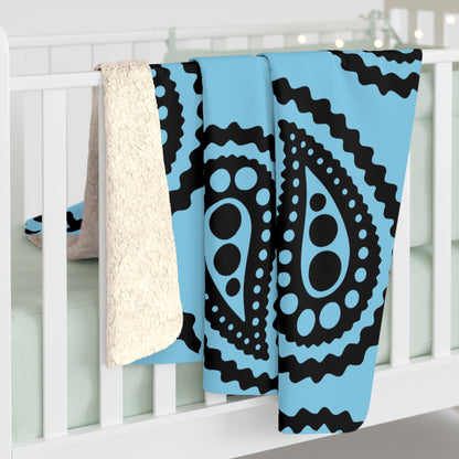 Sky Blue, Black Retro Paisley Blanket Throw
