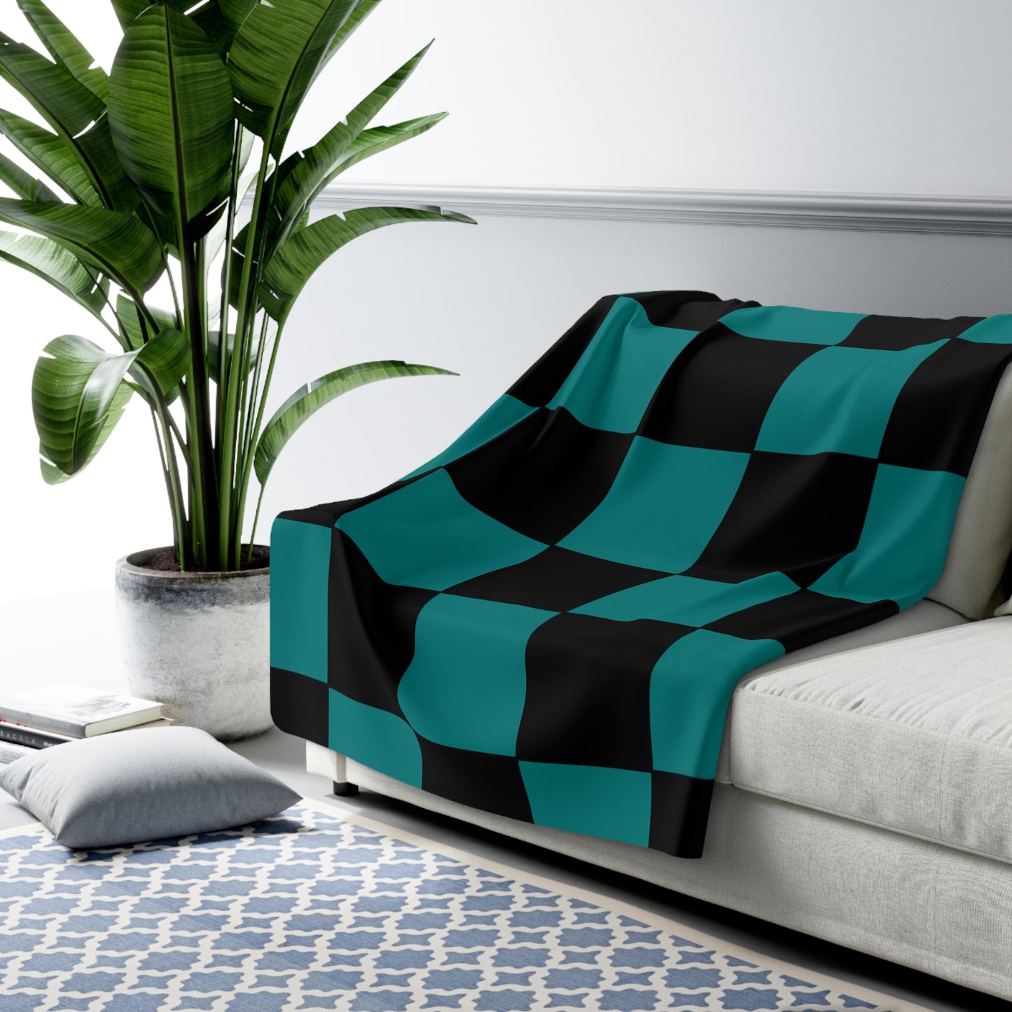 Teal, Black Retro Check Blanket Throw