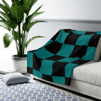Teal, Black Retro Check Blanket Throw