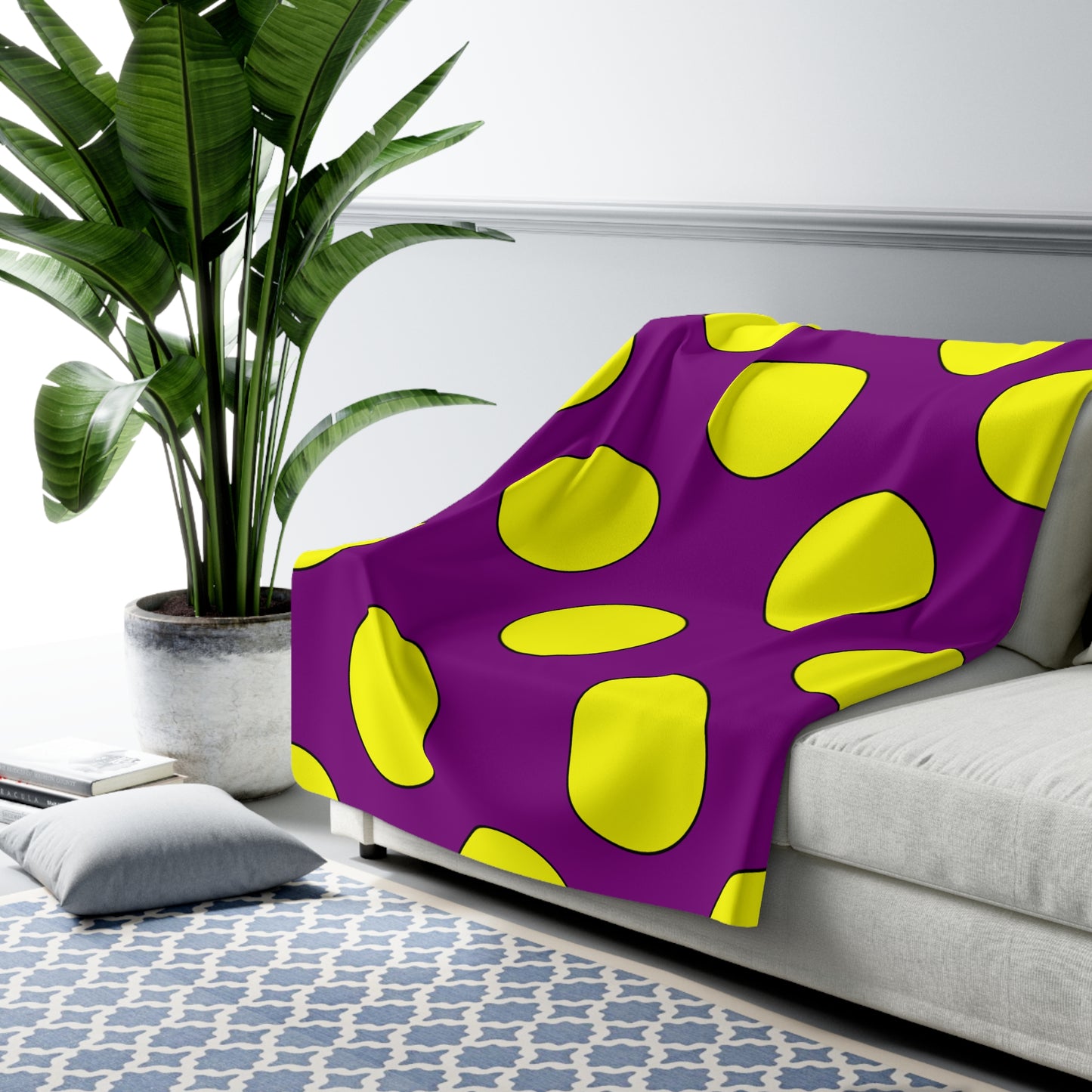 Purple, Yellow Retro Polka Dots Blanket Throw