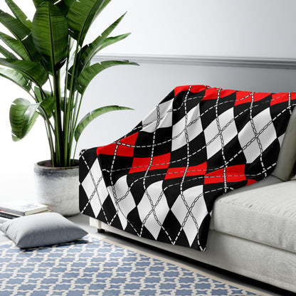 Black, White, Red Retro Argyle Blanket Throw