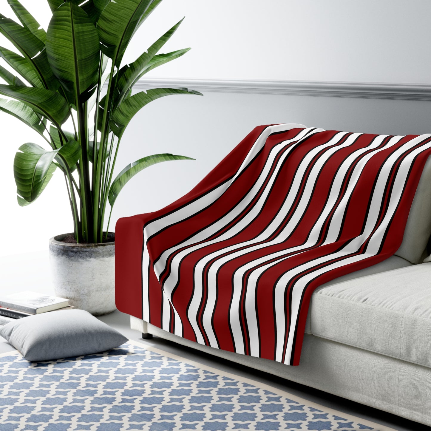 Dark Red, White Retro Stripes Blanket Throw