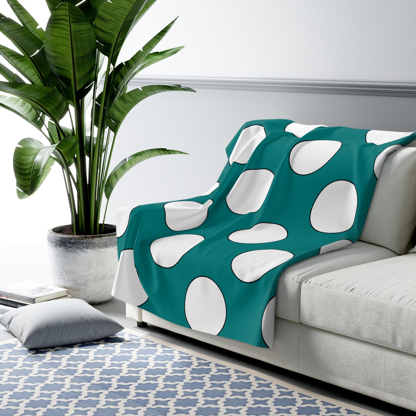 Teal, White Retro Polka Dots Blanket Throw