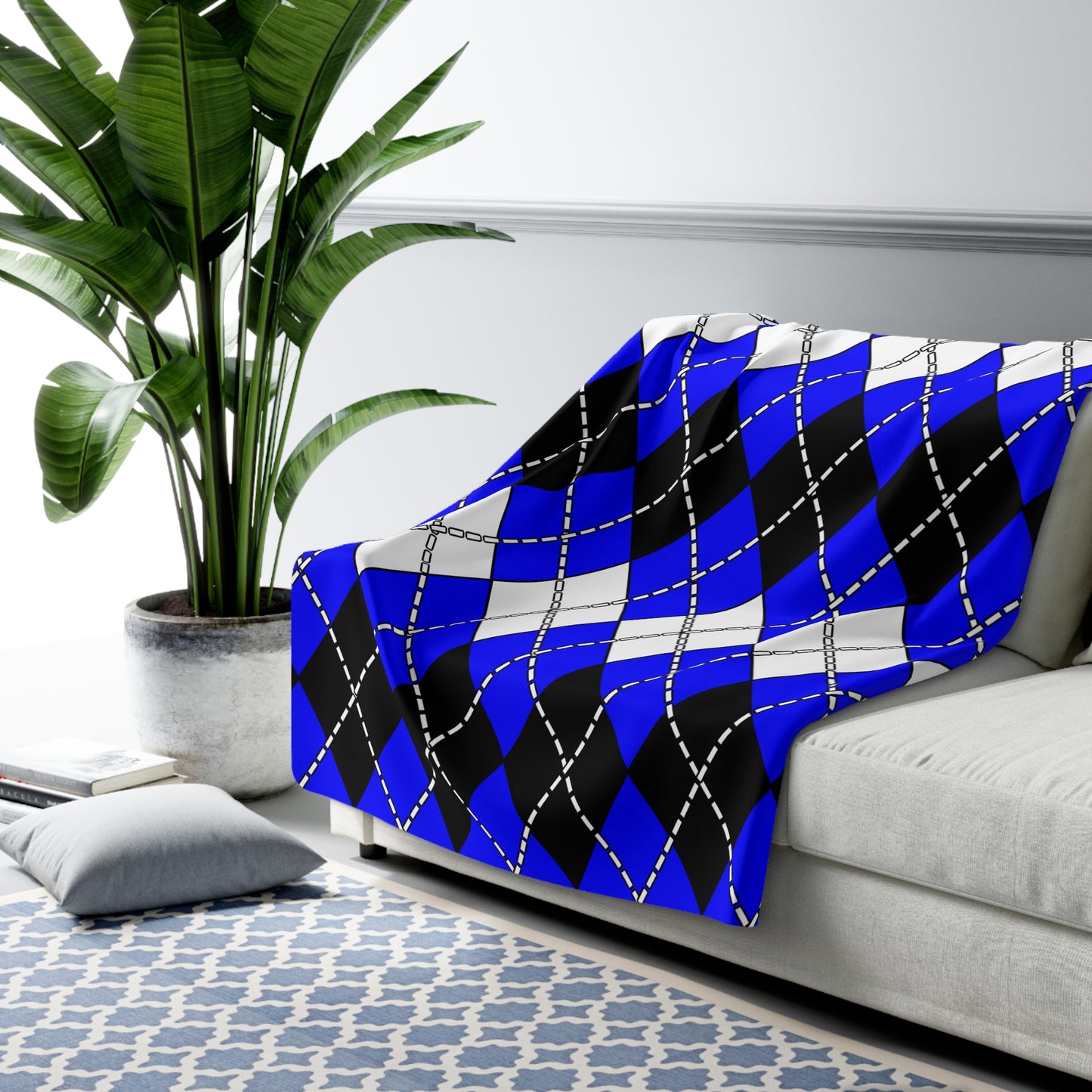 Blue, Black, White Retro Argyle Blanket Throw
