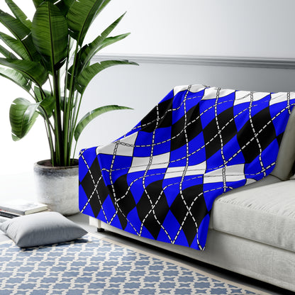 Blue, Black, White Retro Argyle Blanket Throw