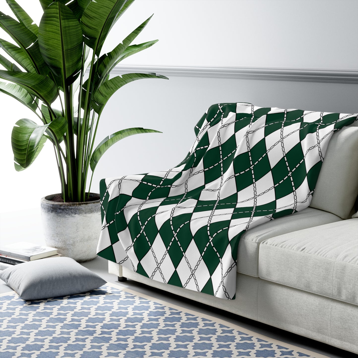 Dark Green, White Retro Argyle Blanket Throw