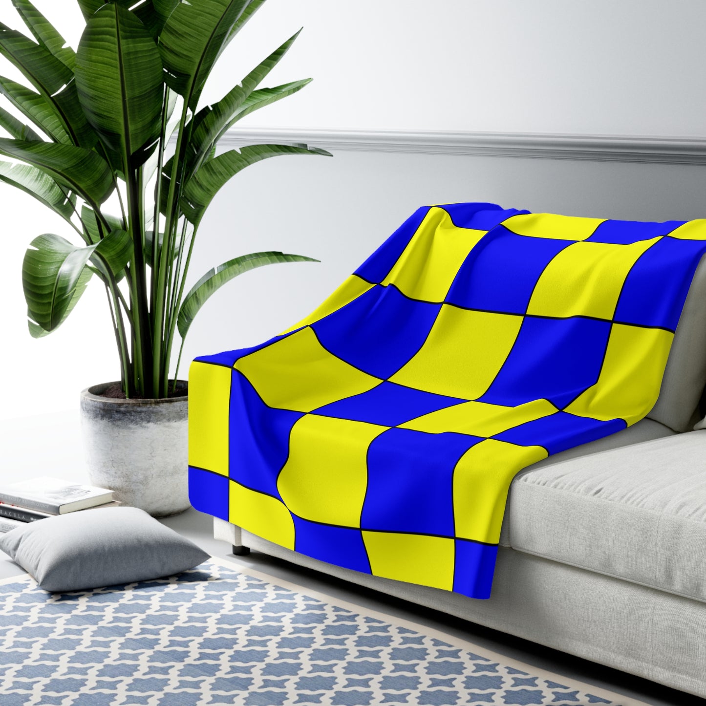 Yellow, Blue Retro Check Blanket Throw