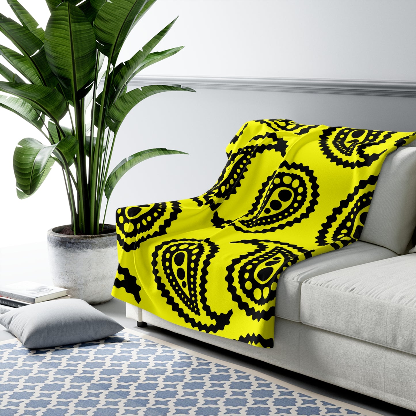 Yellow, Black Retro Paisley Blanket Throw