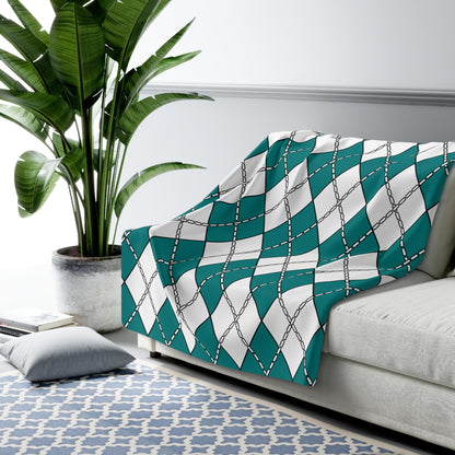 Teal, White Retro Argyle Blanket Throw
