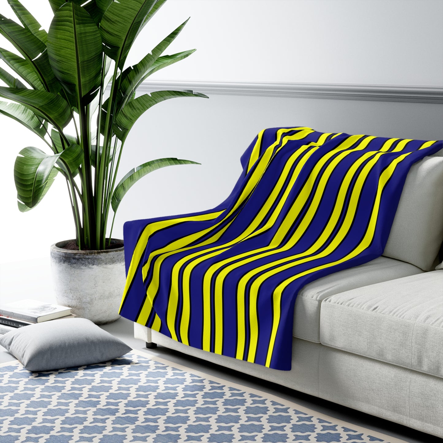 Navy Blue, Yellow Retro Stripes Blanket Throw